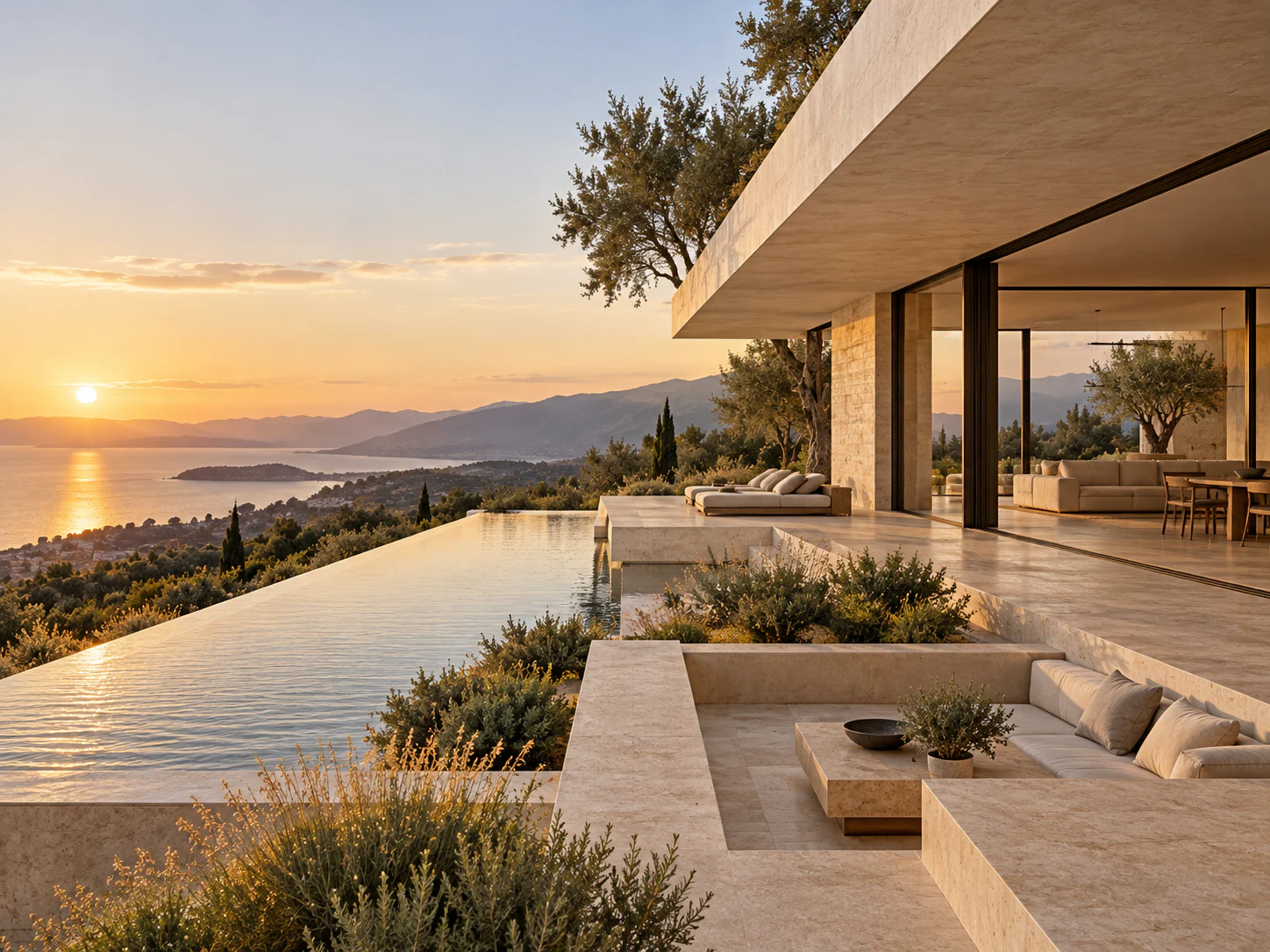 Residência contemporânea conceitual aberta para uma paisagem ao pôr do sol
