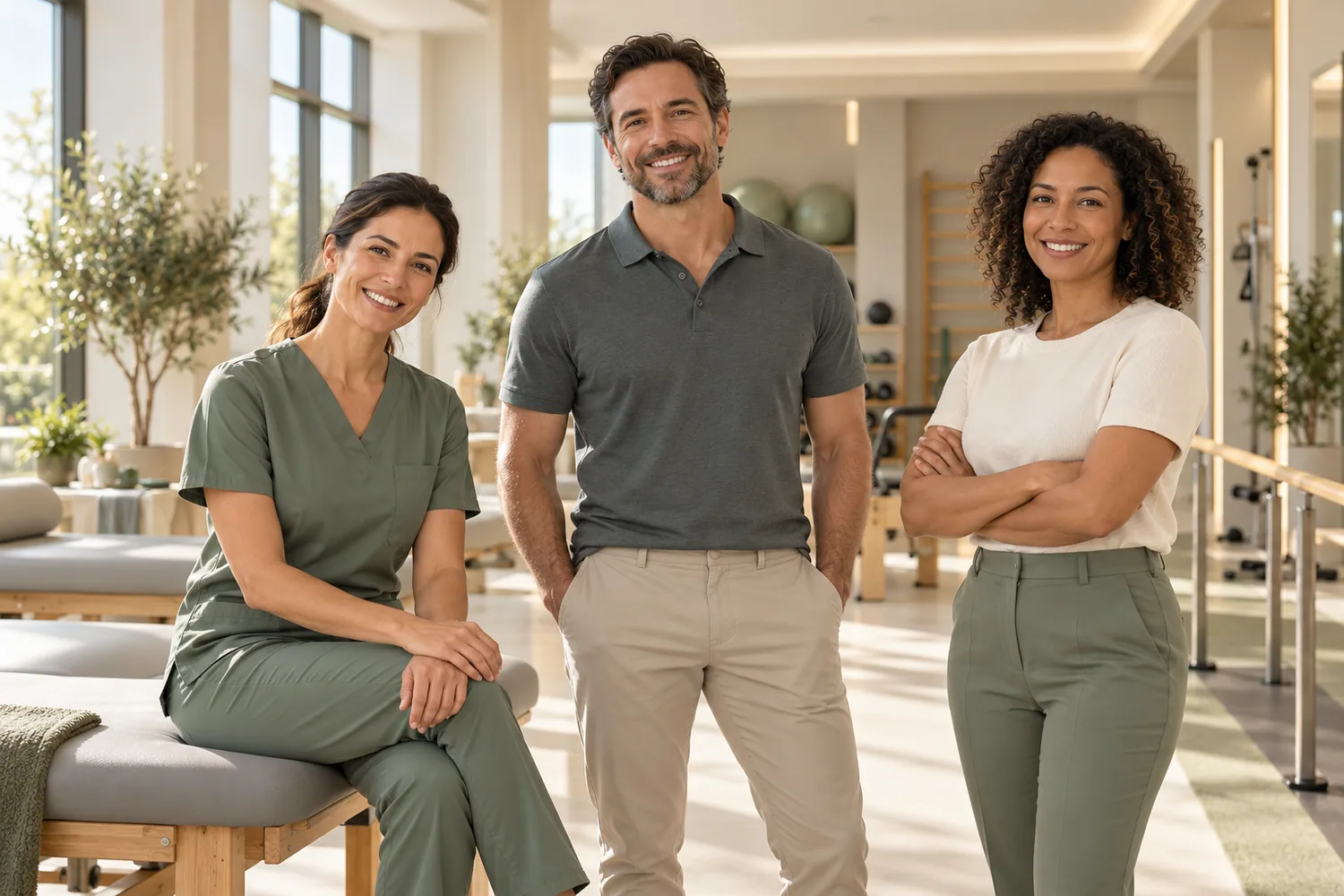 Três personagens fictícios representando uma equipe multidisciplinar