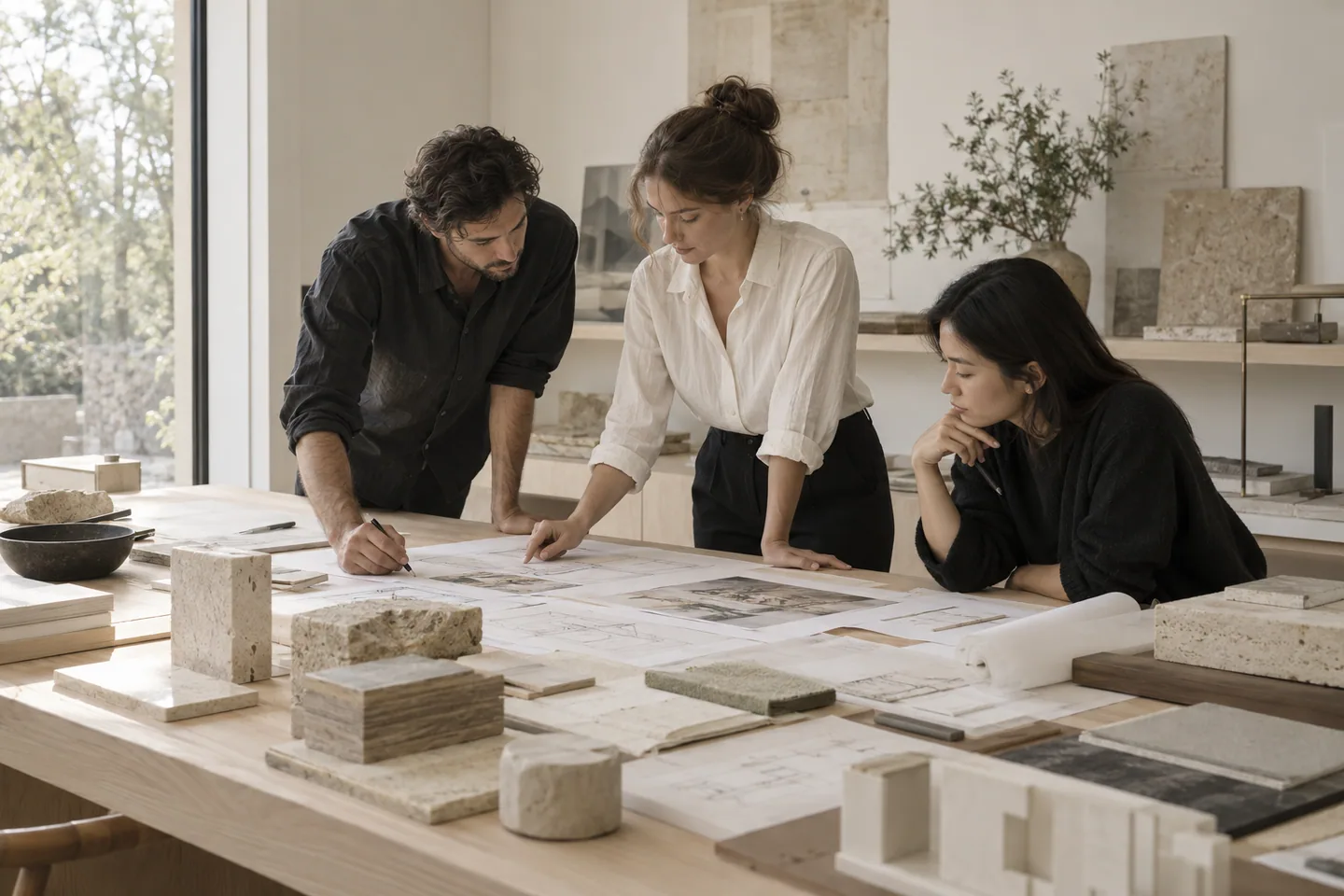 Equipe conceitual do FORMA Studio analisando plantas e amostras de materiais